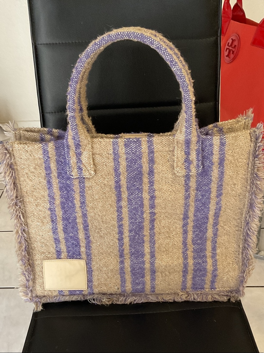 Sandro Beige Tote with Lavender Stripe Accents